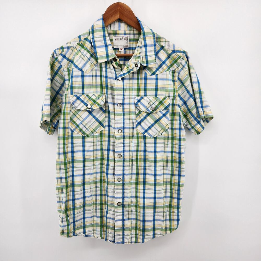 Warp and Weft Men's Medium Short Sleeve Pearl Snap Shirt Blue Yellow Green Plaid